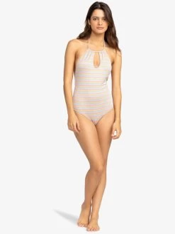 Roxy Womens Wavy Stripe Halter Neck One-Piece Swimsuit
